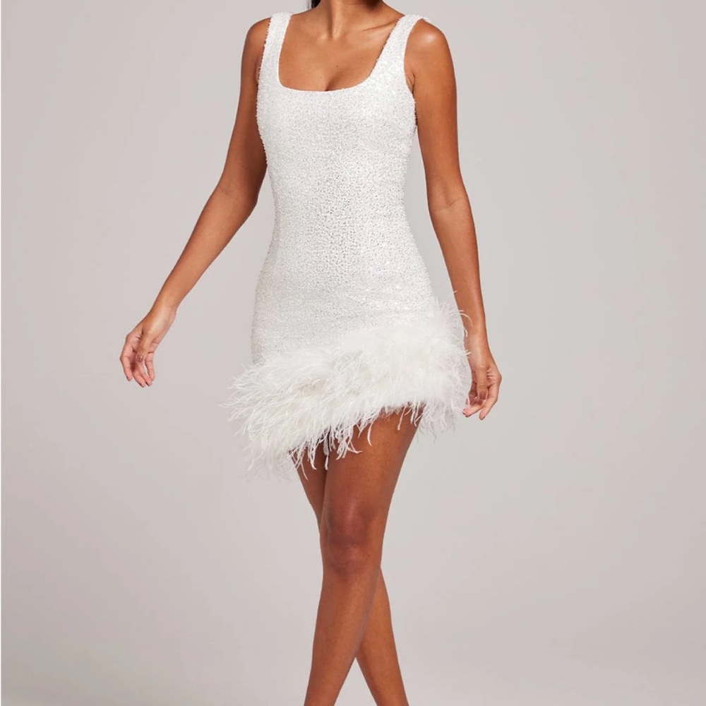 NADINE MERABI White Mini Dress with Feather Detail